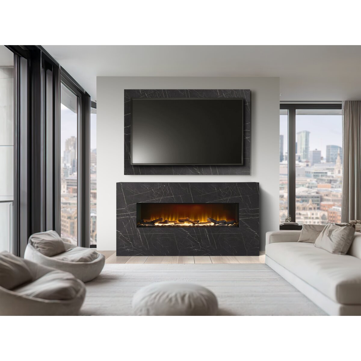 Acantha Bloc Pre-Built Media Wall Suite and TV Board with Aspire 125 Fire, Black Marble Effect
