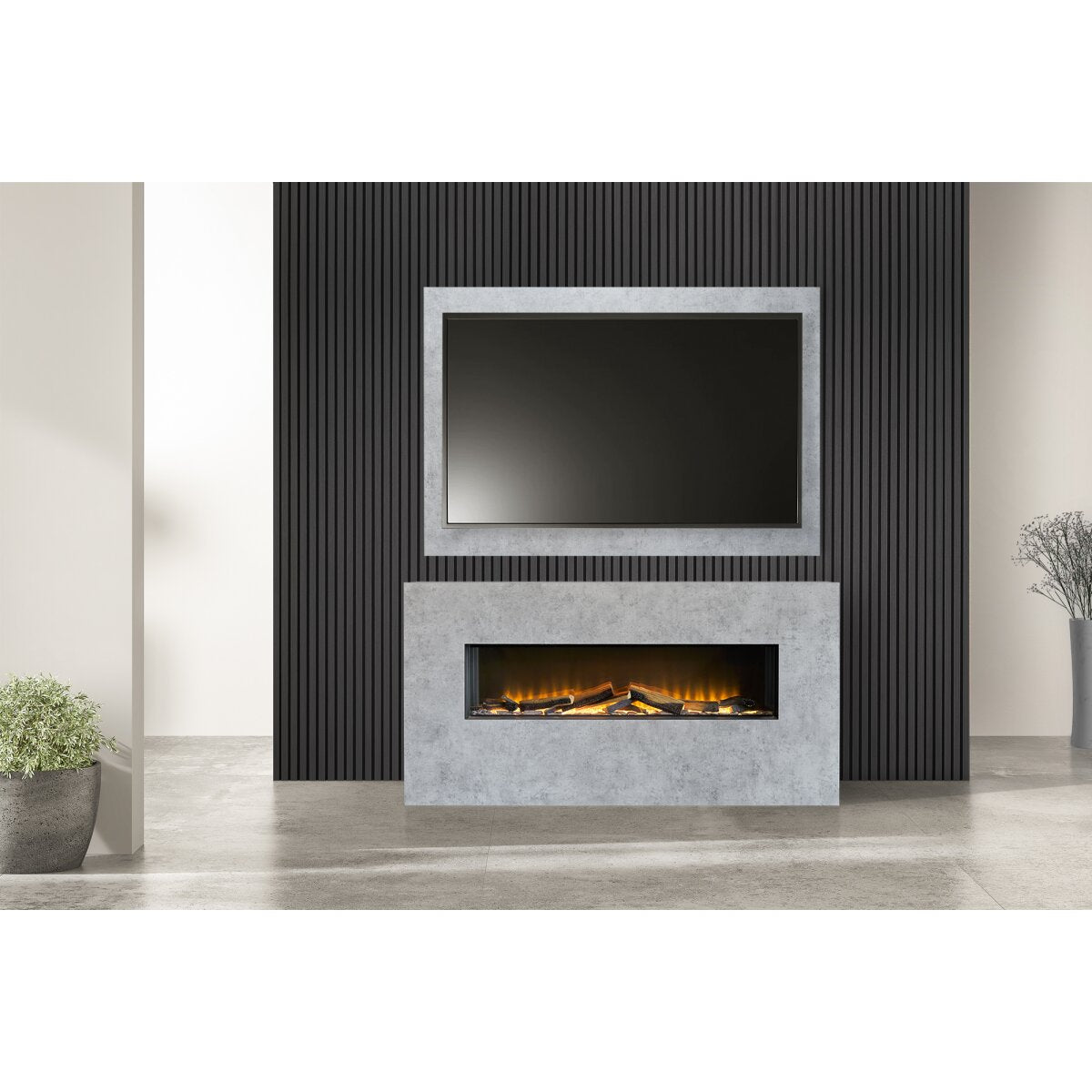 Acantha Bloc Pre-Built Media Wall Suite and TV Board with Aspire 125 Fire, Concrete Effect