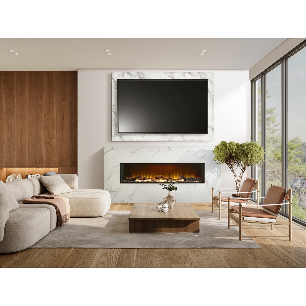 Acantha Bloc Pre-Built Media Wall Suite and TV Board with Aspire 125 Fire, White Marble Effect
