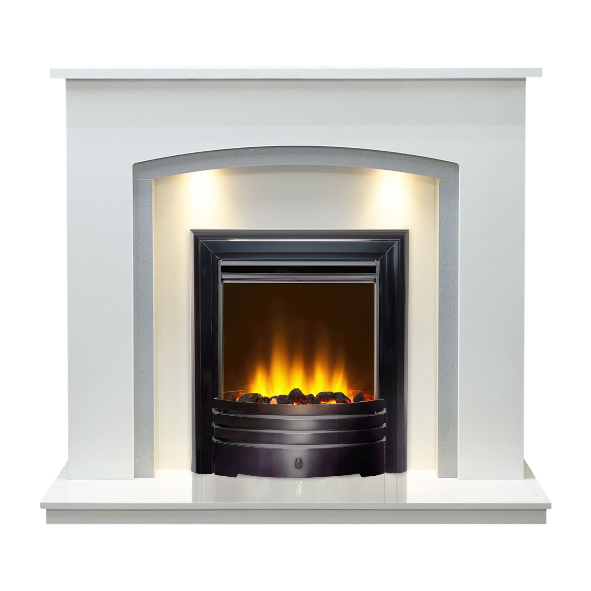 Acantha Calella White Marble Fireplace with Downlights, With Amara electric fire in black nickel