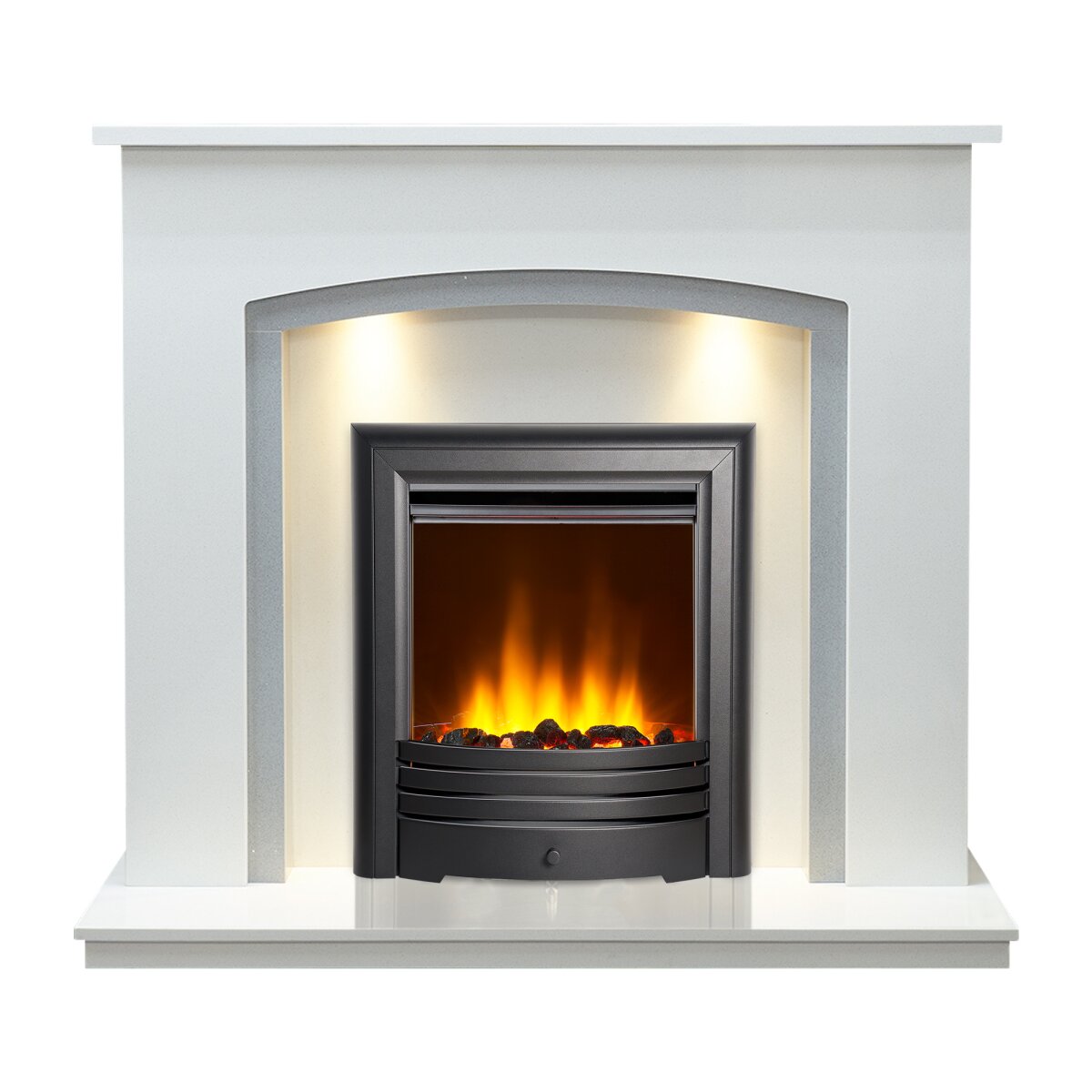 Acantha Calella White Marble Fireplace with Downlights, With Amara electric fire in matte black