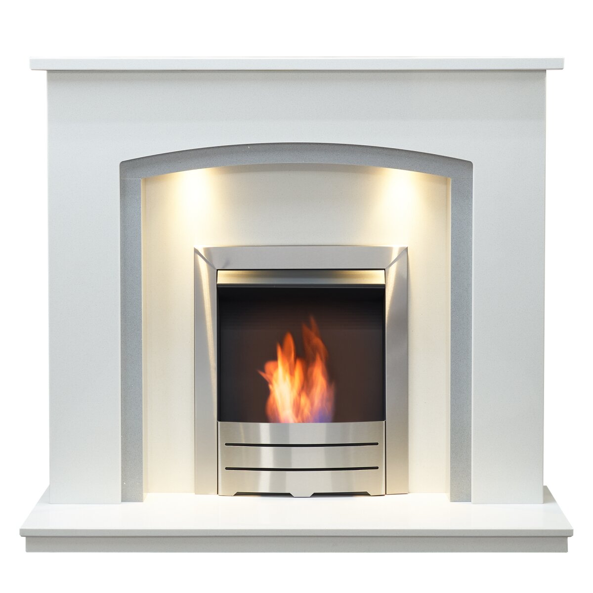 Acantha Calella White Marble Fireplace with Downlights, With Colorado bioethanol fire in brushed steel