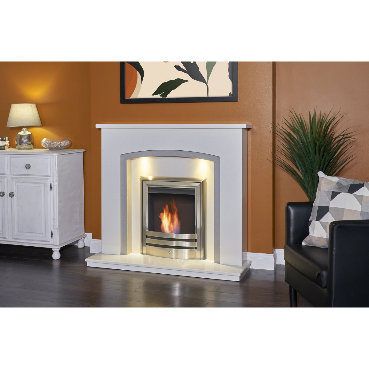 Acantha Calella White Marble Fireplace with Downlights, 48 Inch, image 2