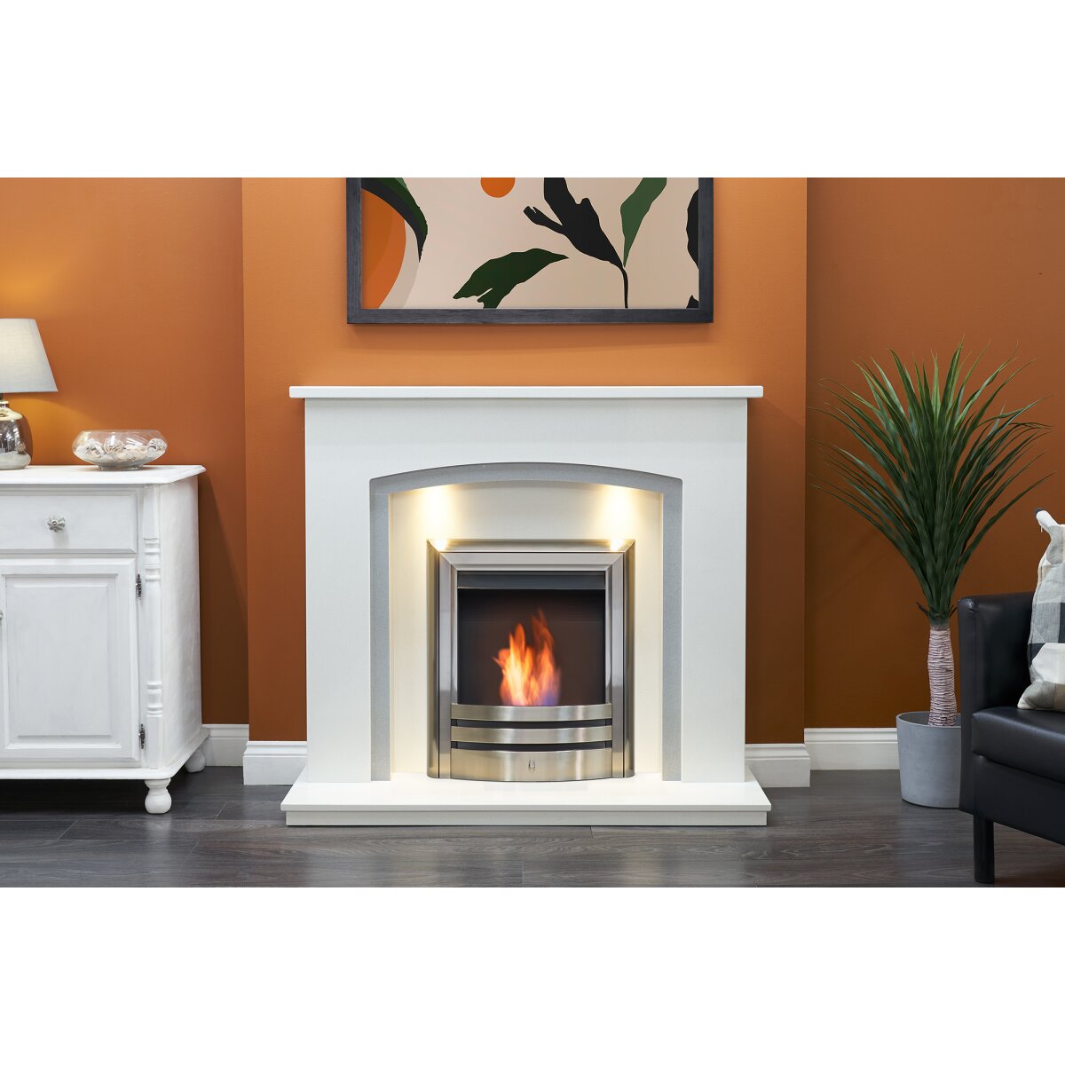 Acantha Calella White Marble Fireplace with Downlights, 48 Inch, image 5