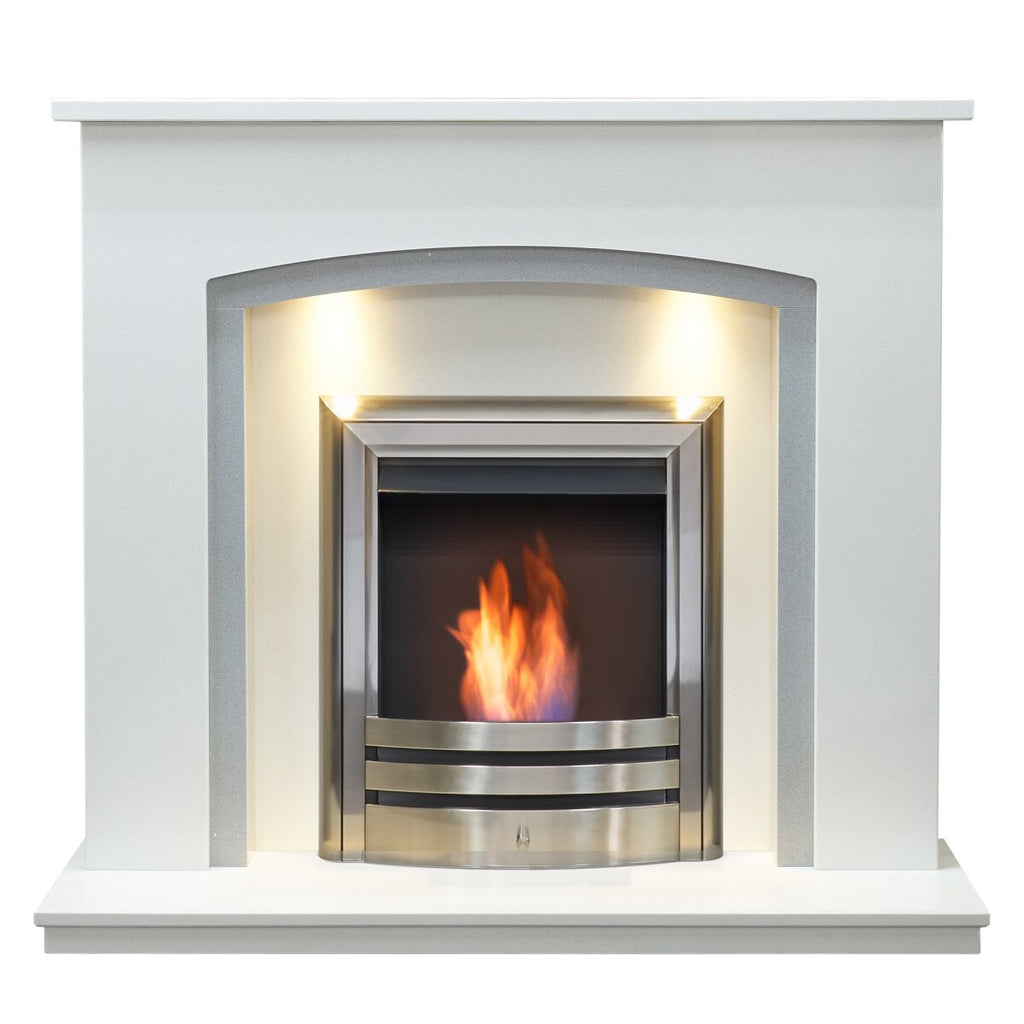 Acantha Calella White Marble Fireplace with Downlights, With Vela bioethanol fire in brushed steel