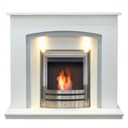 Acantha Calella White Marble Fireplace with Downlights, With Vela bioethanol fire in brushed steel