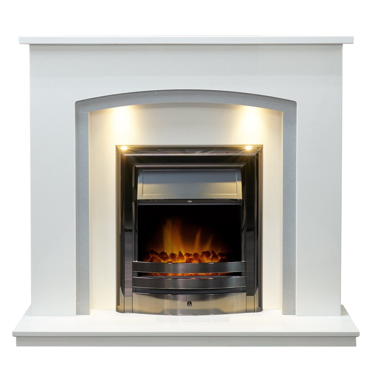 Acantha Calella White Marble Fireplace with Downlights, With Vela electric fire in black nickel