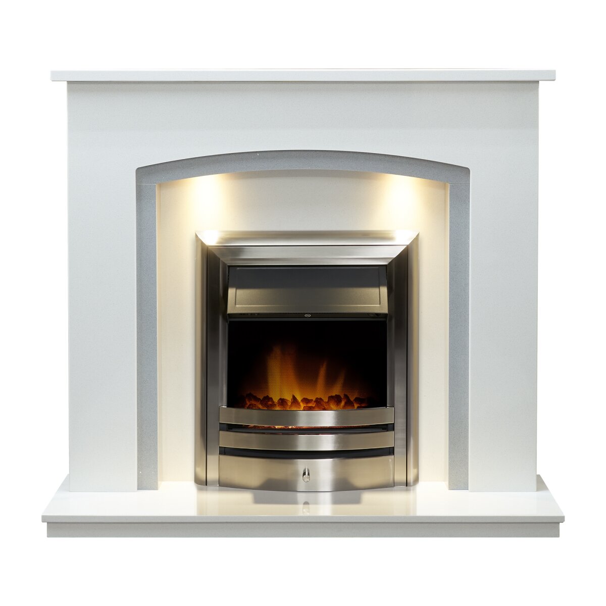 Acantha Calella White Marble Fireplace with Downlights, With Vela electric fire in brushed steel