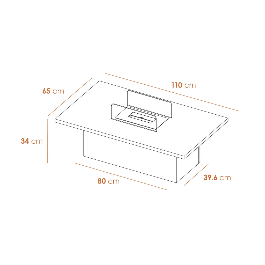 Acantha Castellon coffee table dimension diagram: 110 x 65 x 34 cm