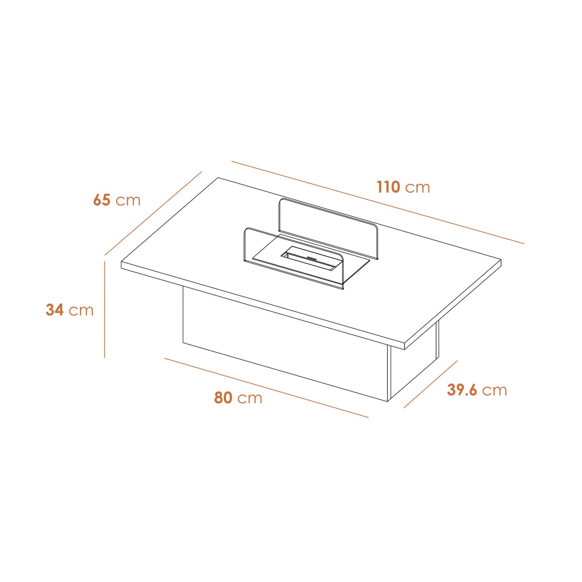 Acantha Castellon coffee table dimension diagram: 110 x 65 x 34 cm