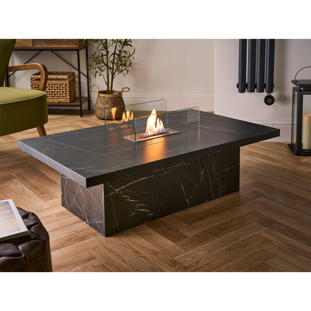 Acantha Castellon bioethanol coffee table in black marble effect in a living room