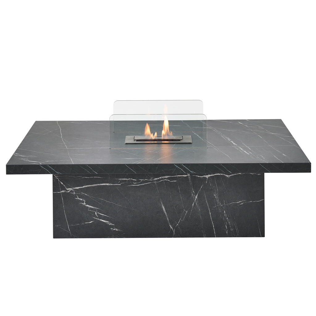Acantha Castellon bioethanol coffee table in black marble effect with glass guards and the burner lit