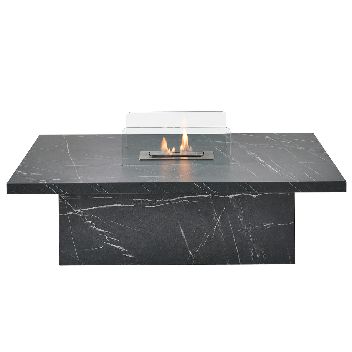 Acantha Castellon bioethanol coffee table in black marble effect with glass guards and the burner lit