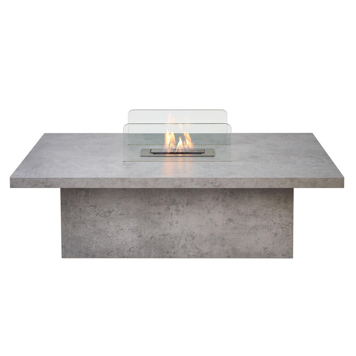 Acantha Castellon bioethanol coffee table in concrete effect with glass guards and the burner lit