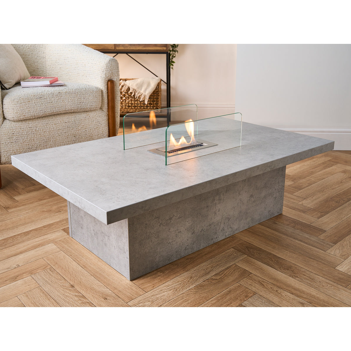 Acantha Castellon bioethanol coffee table in concrete effect in a living room