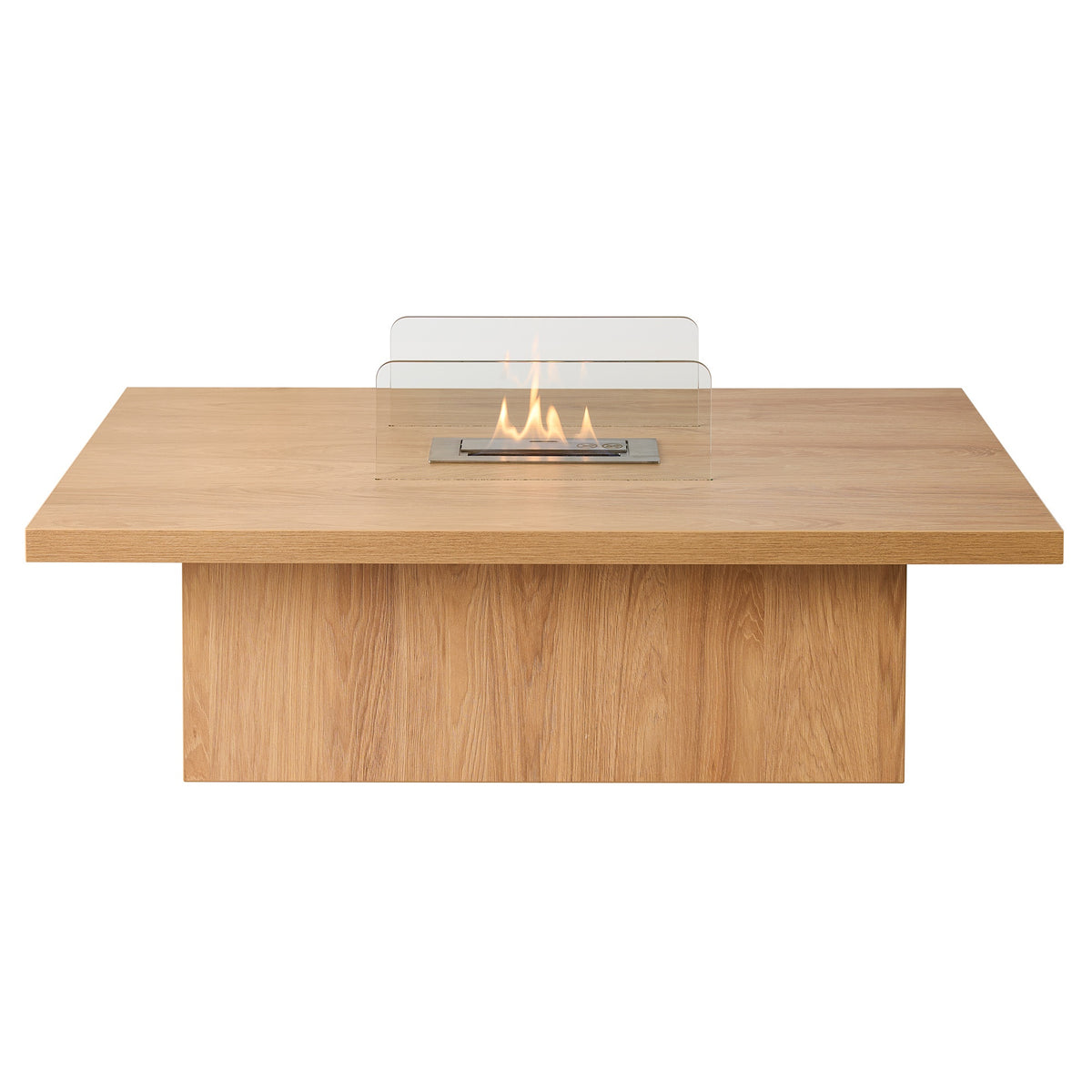 Acantha Castellon bioethanol coffee table in oak effect with glass guards and the burner lit