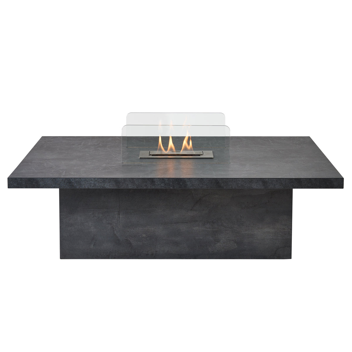 Acantha Castellon bioethanol coffee table in slate effect with glass guards and the burner lit
