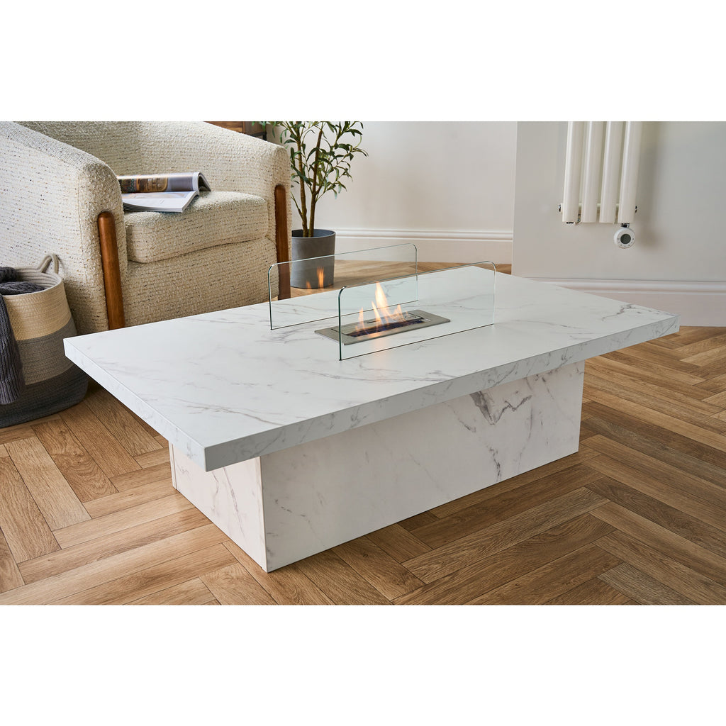 Acantha Castellon bioethanol coffee table in white marble effect in a living room