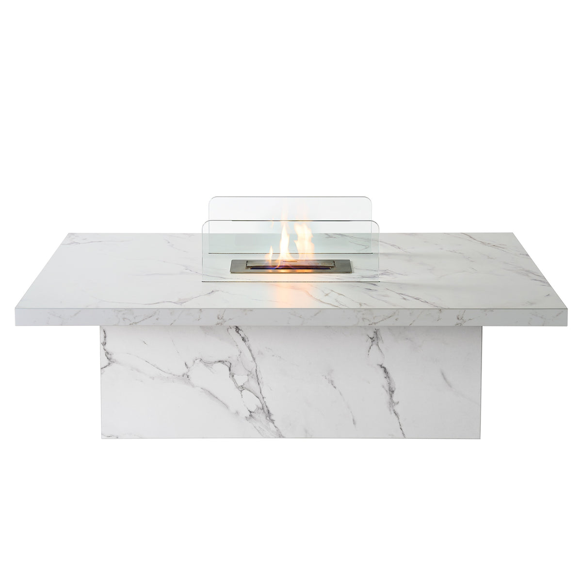 Acantha Castellon bioethanol coffee table in white marble effect with glass guards and the burner lit