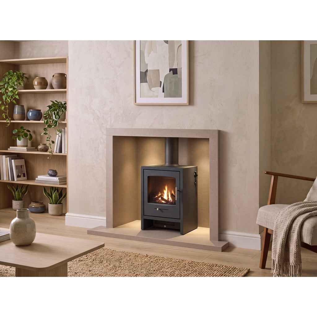 Acantha chamber kit in linen with a stove in a living room, stove not included