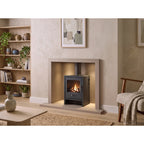 Acantha chamber kit in linen with a stove in a living room, stove not included