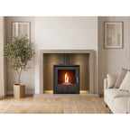 Acantha chamber and hearth kit in linen shown with a black stove, stove not included