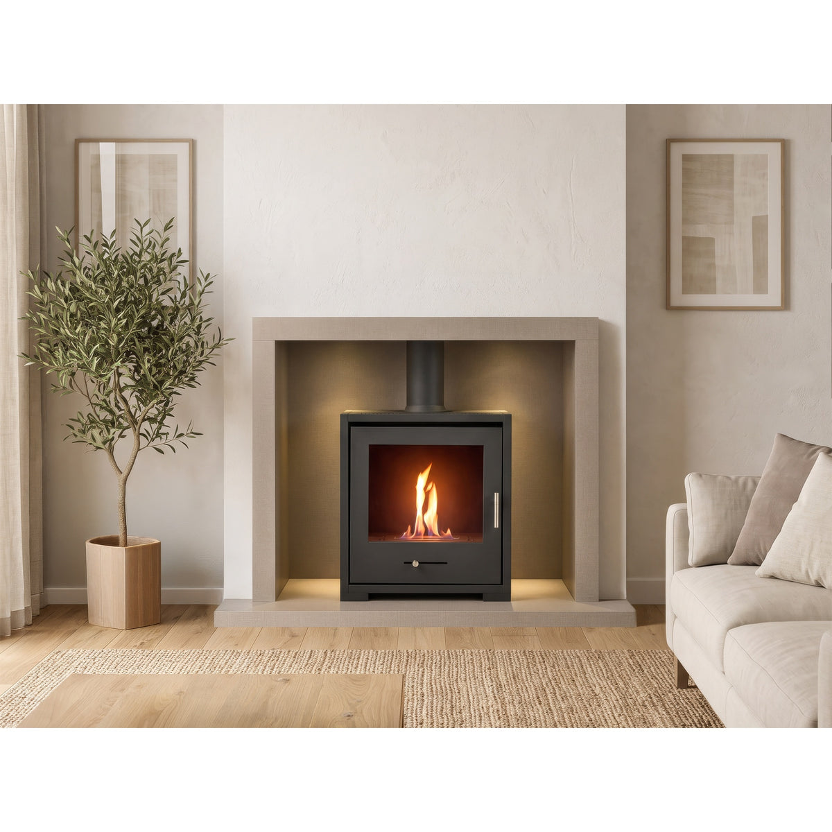 Acantha chamber and hearth kit in linen shown with a black stove, stove not included