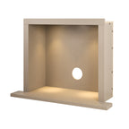 Acantha chamber and hearth kit in linen, angled view with the downlights on