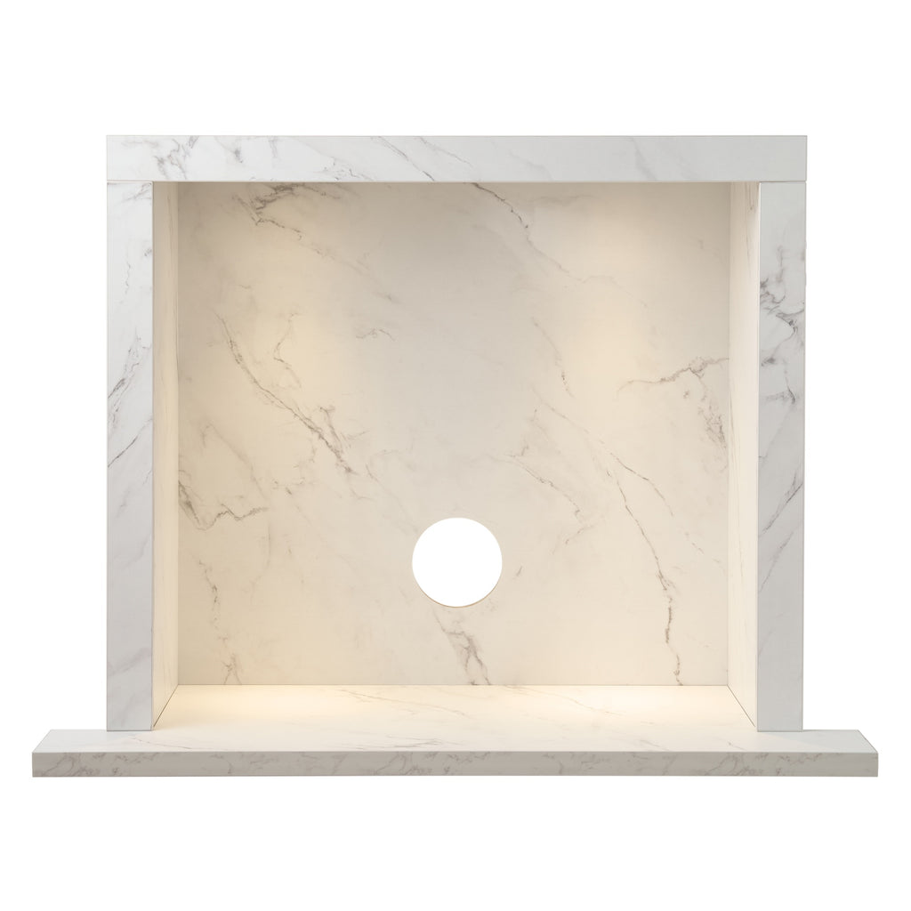 Acantha chamber and hearth kit with downlights in white marble effect, front view