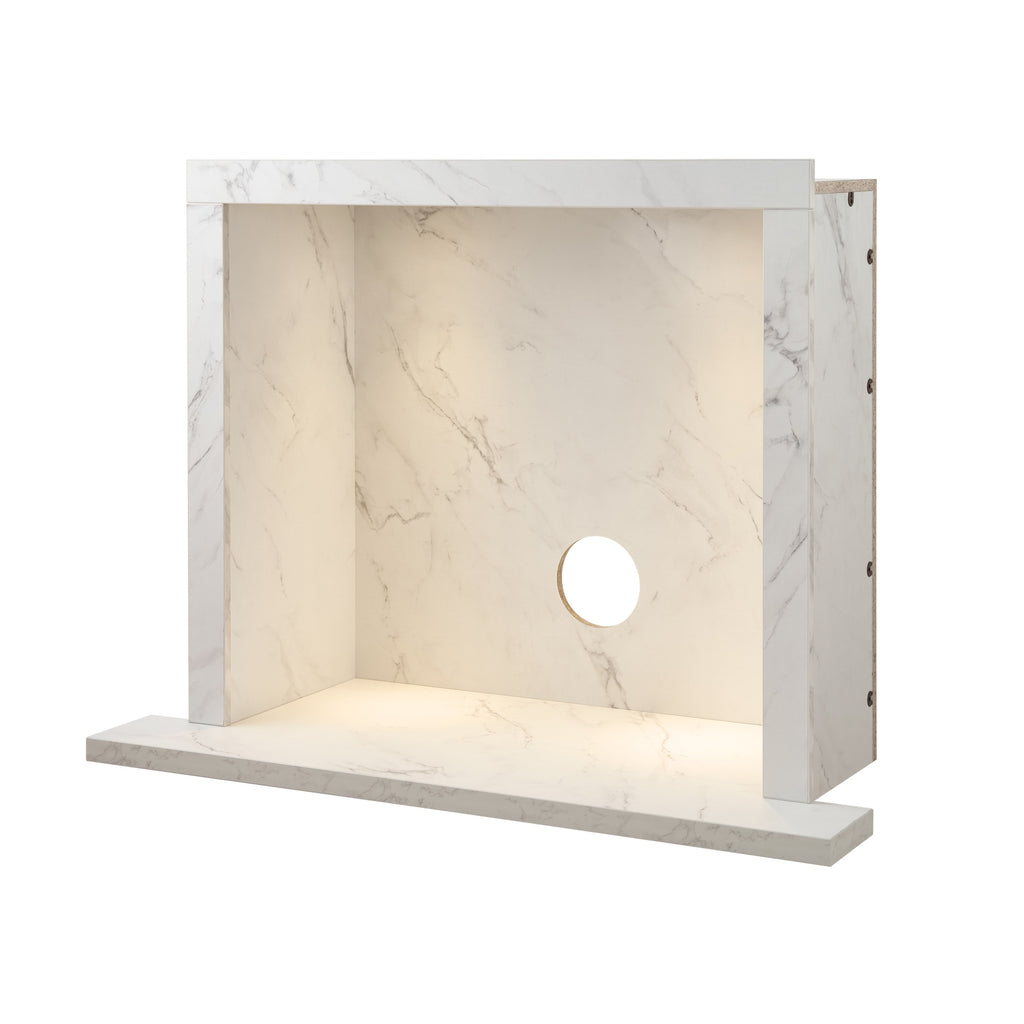 Acantha chamber and hearth kit in white marble effect, angled view with the downlights on