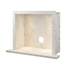 Acantha chamber and hearth kit in white marble effect, angled view with the downlights on