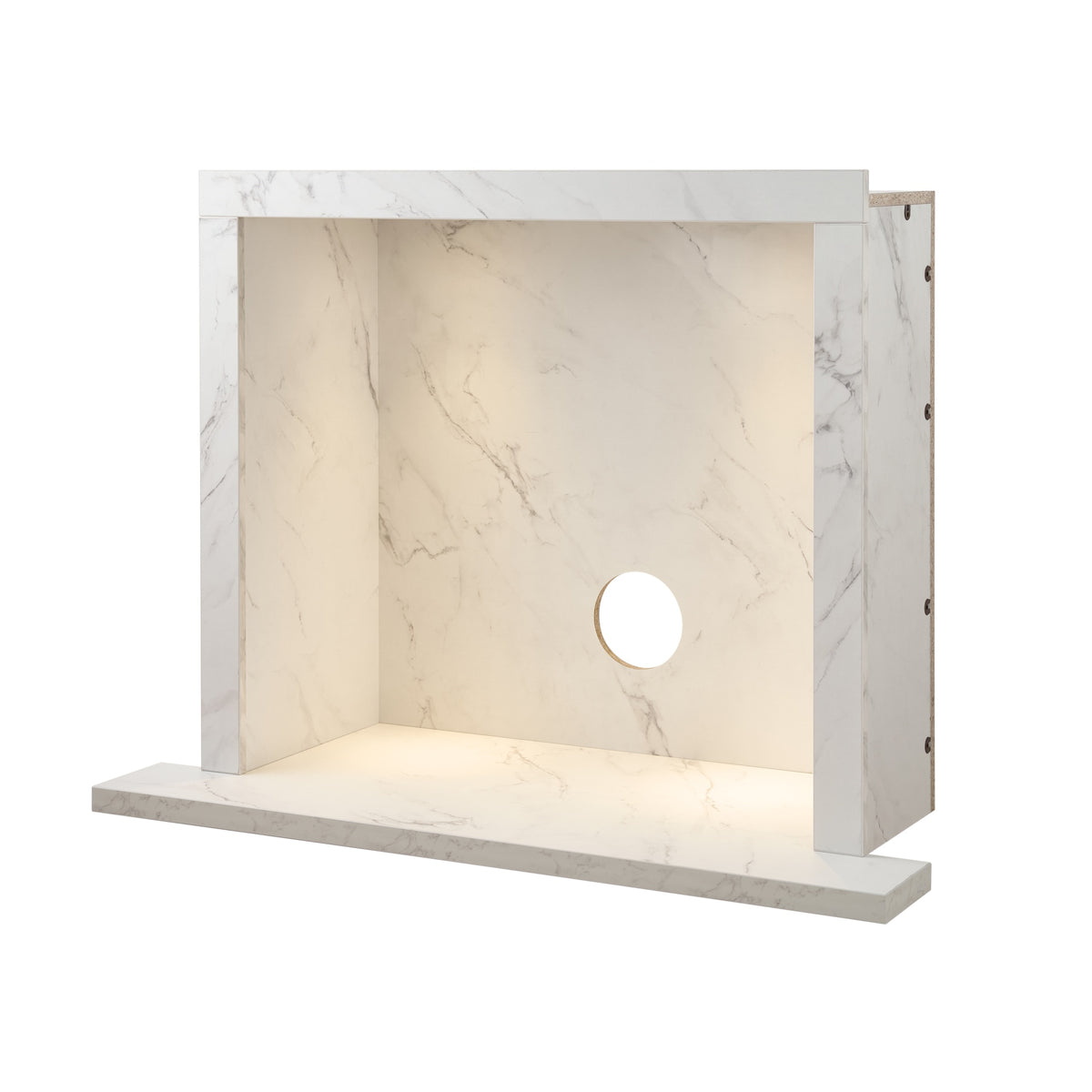 Acantha chamber and hearth kit in white marble effect, angled view with the downlights on