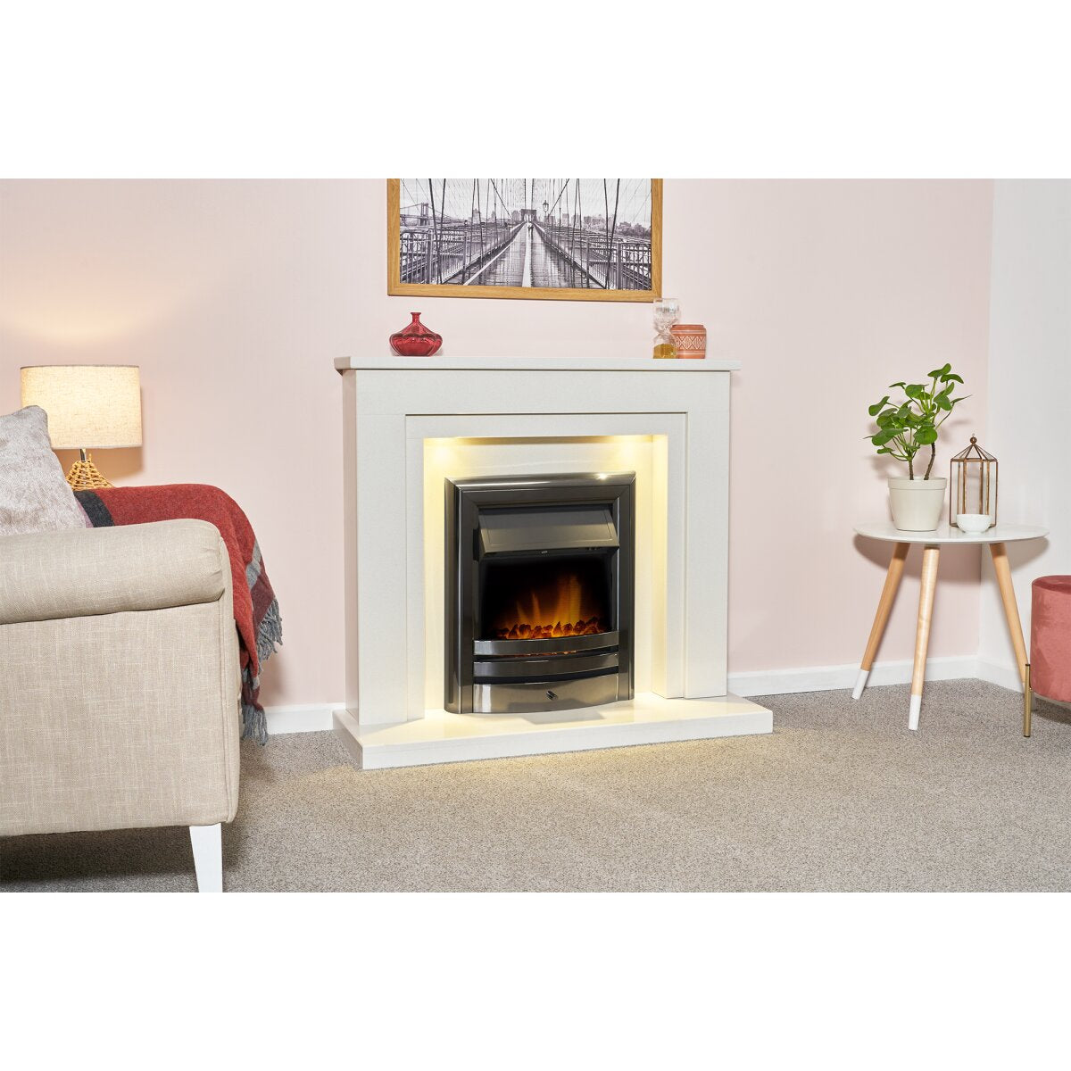 Acantha Dallas White and Grey Marble Fireplace with Vela Fire, 42 Inch, image 4
