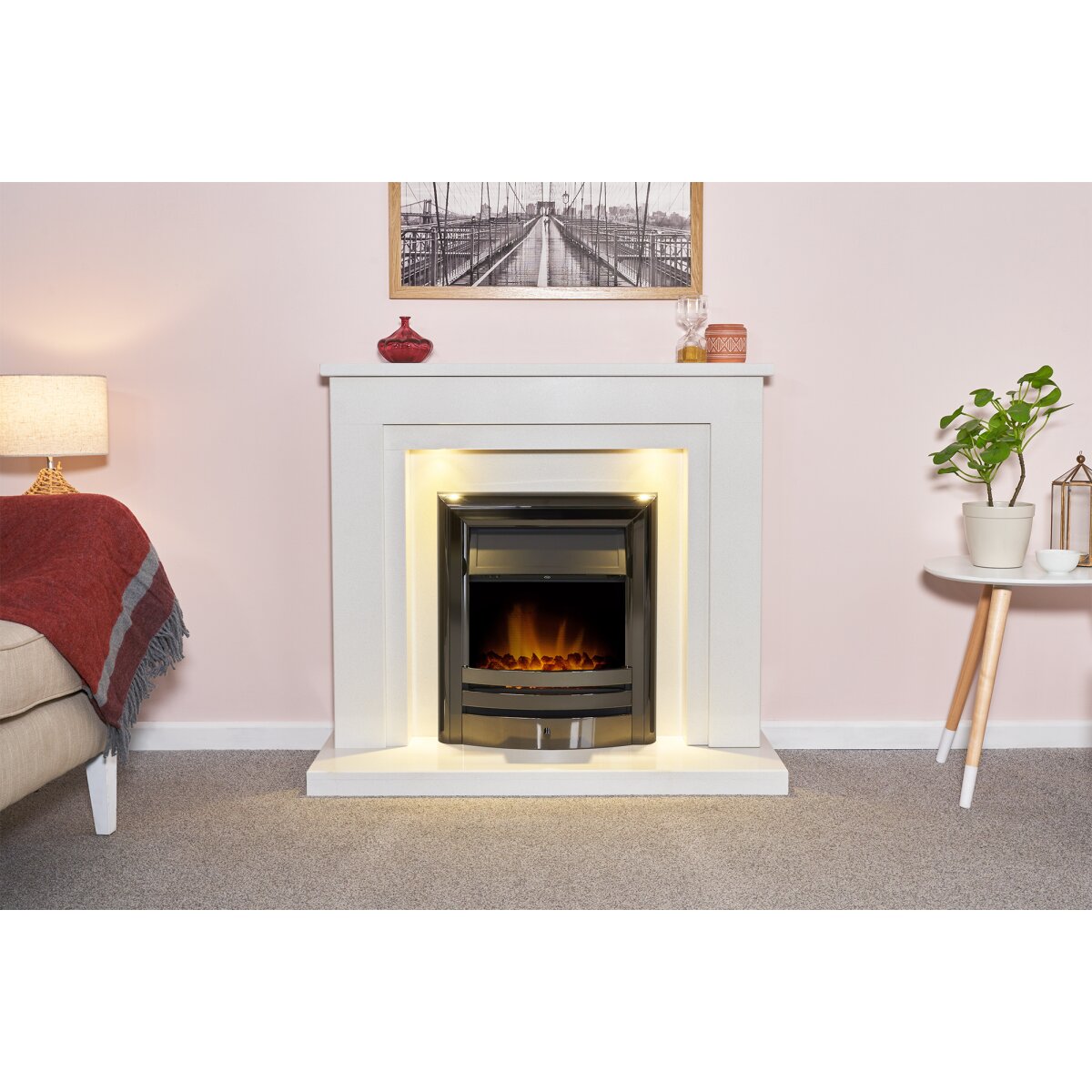 Acantha Dallas White and Grey Marble Fireplace with Vela Fire, 42 Inch, image 3