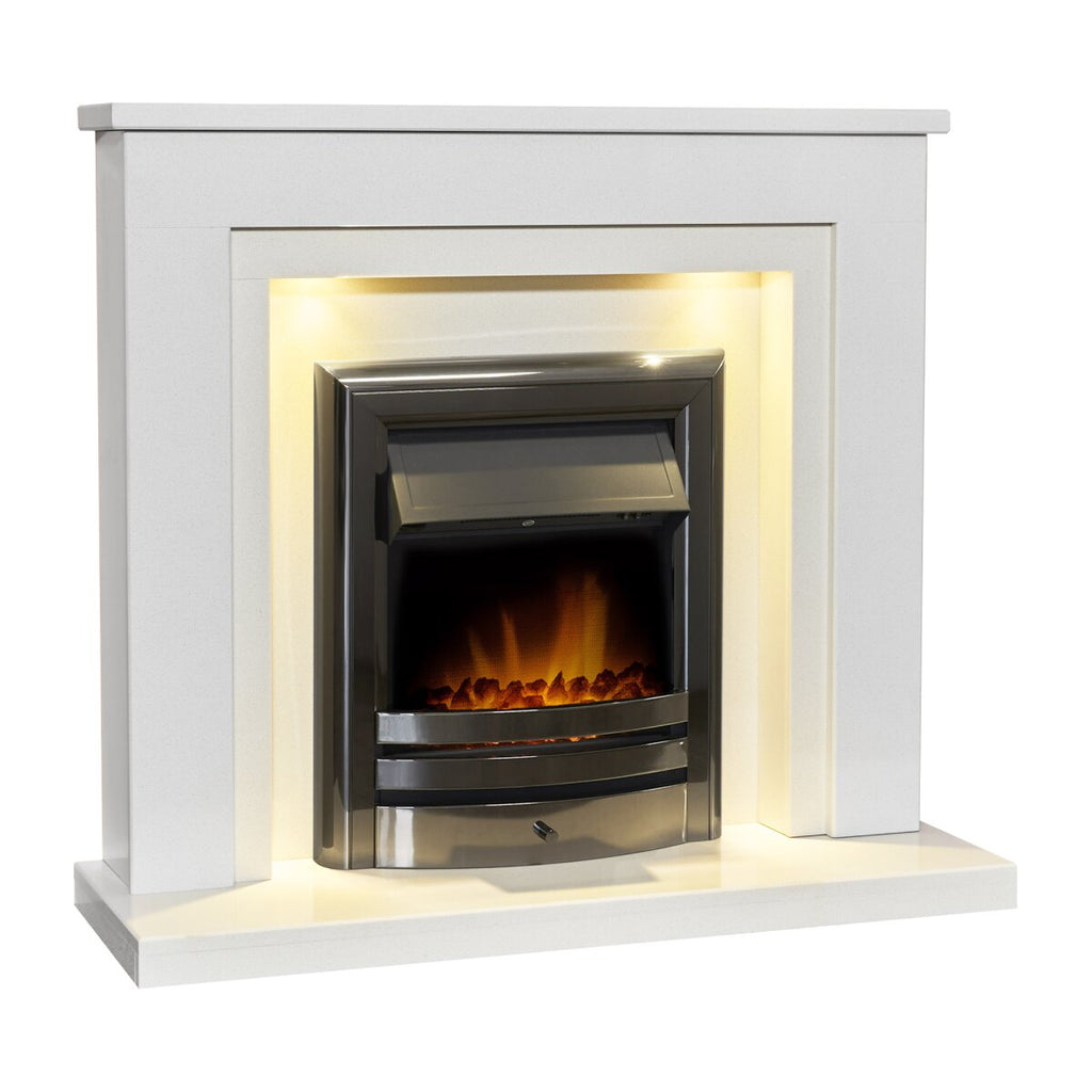 Acantha Dallas White and Grey Marble Fireplace with Vela Fire, 42 Inch, image 2
