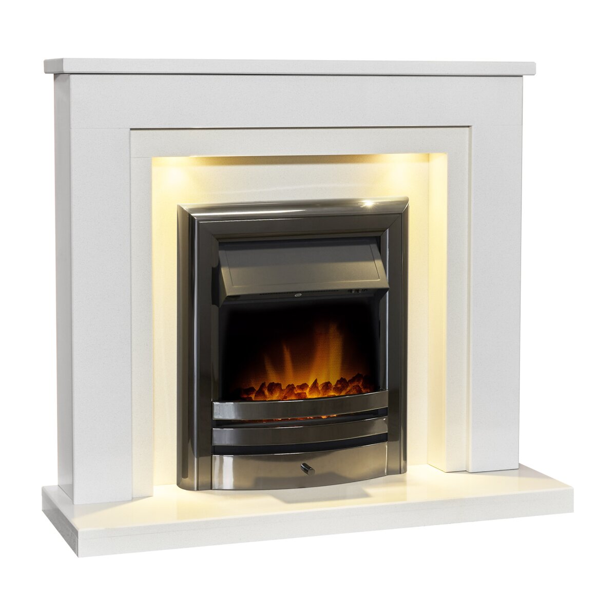 Acantha Dallas White and Grey Marble Fireplace with Vela Fire, 42 Inch, image 2