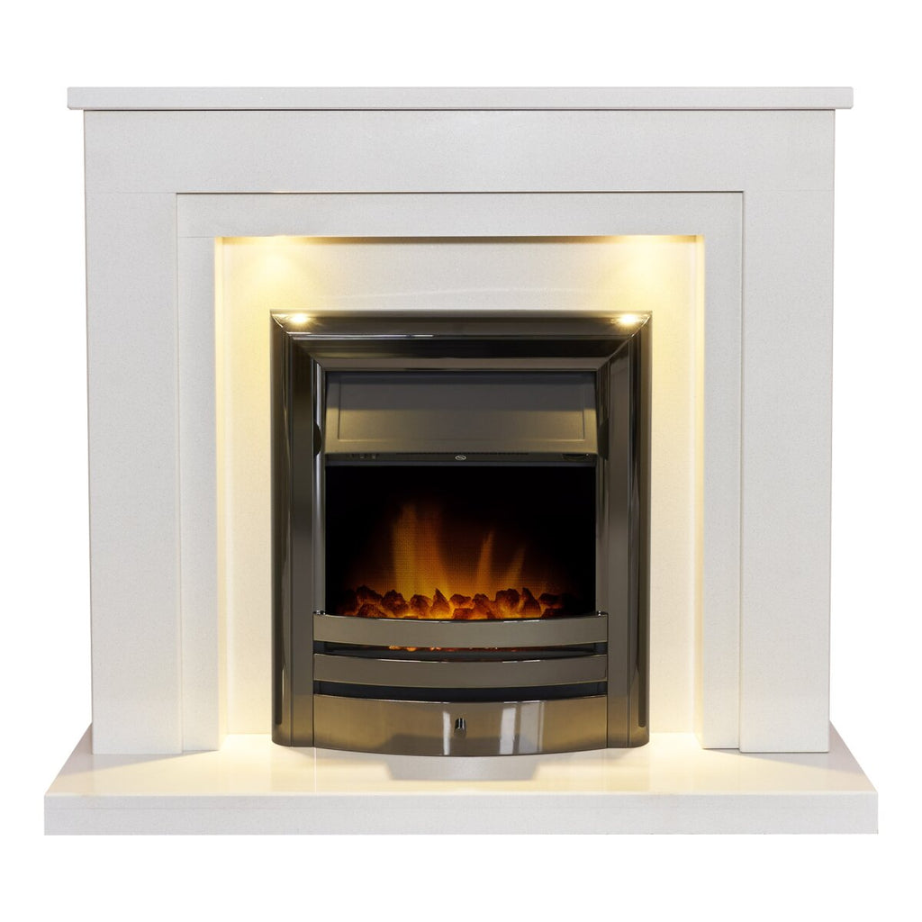 Acantha Dallas White and Grey Marble Fireplace with Vela Fire, 42 Inch