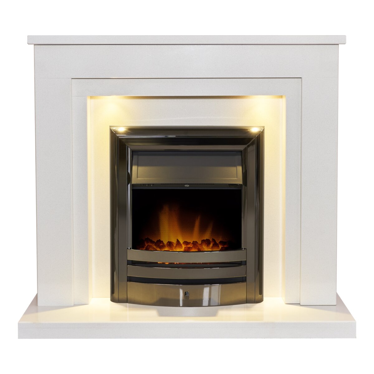 Acantha Dallas White and Grey Marble Fireplace with Vela Fire, 42 Inch