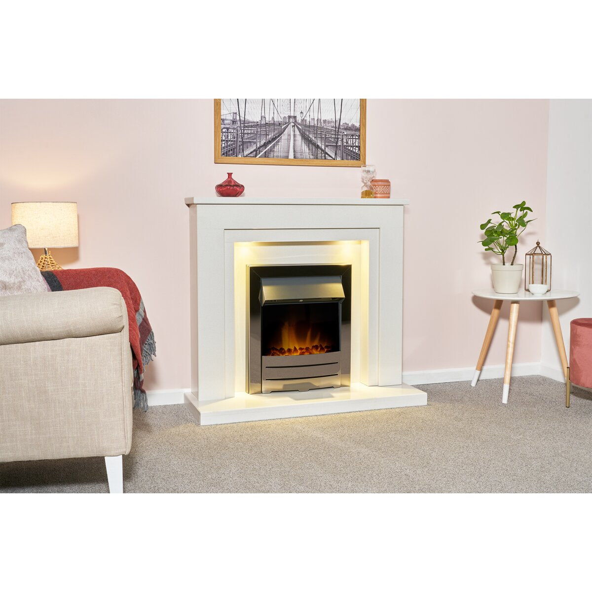 Acantha Dallas White Marble Fireplace with Downlights, 42 Inch, image 2
