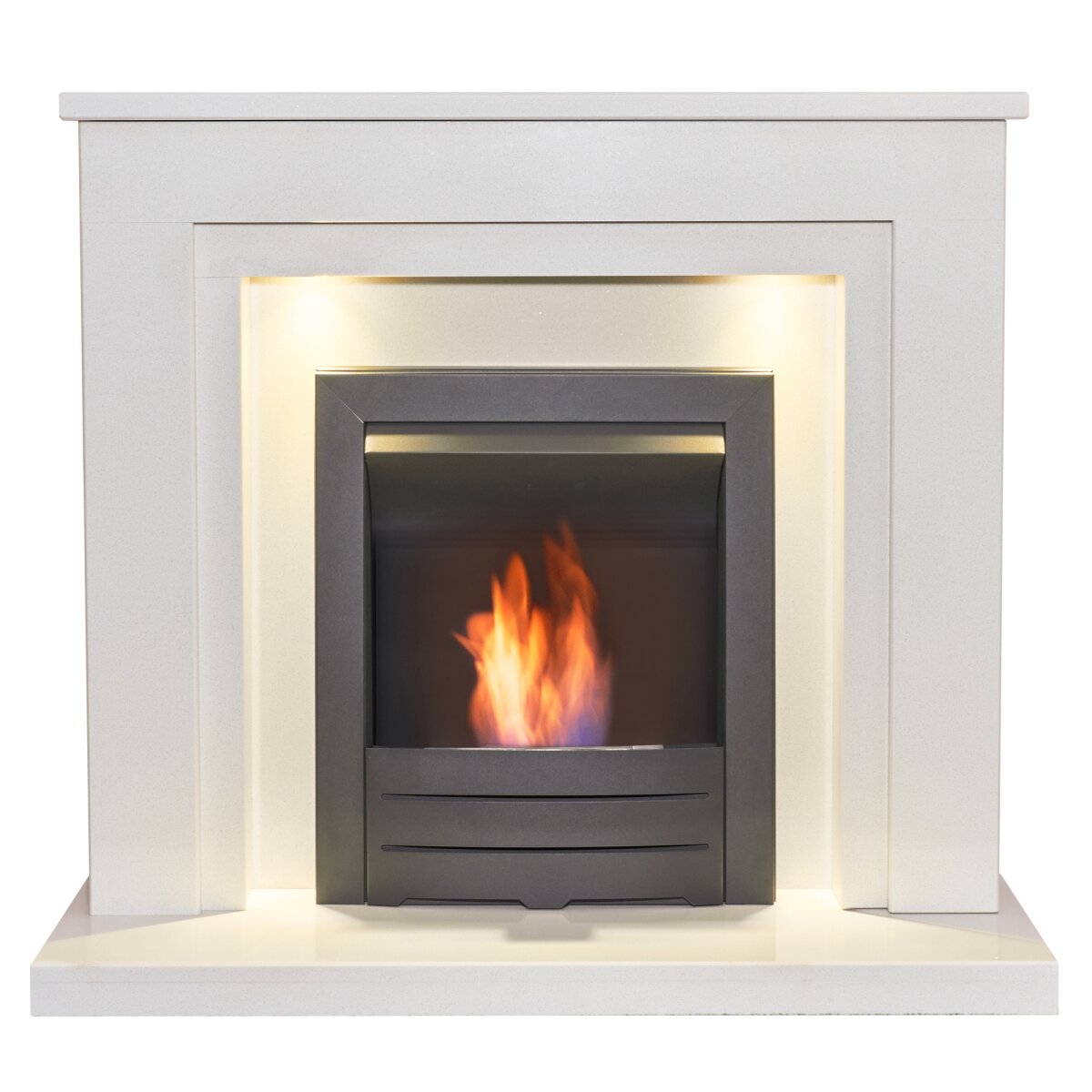 Acantha Dallas White Marble Fireplace with Downlights, With Colorado bioethanol fire in black