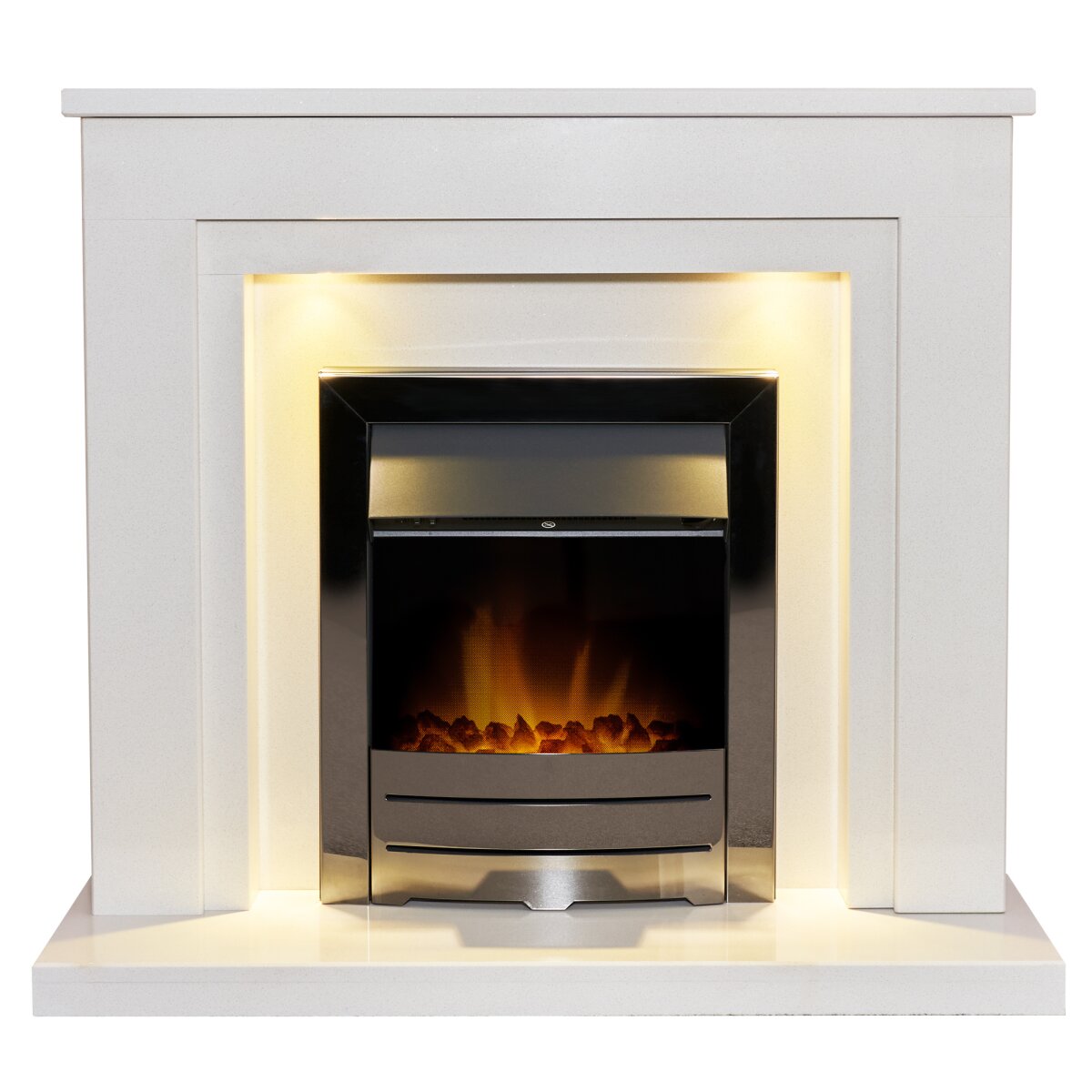 Acantha Dallas White Marble Fireplace with Downlights, With Colorado electric fire in black nickel