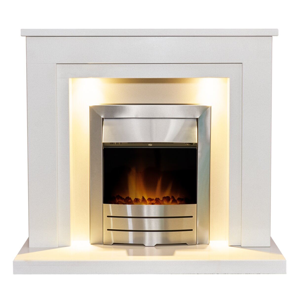 Acantha Dallas White Marble Fireplace with Downlights, With Colorado electric fire in brushed steel