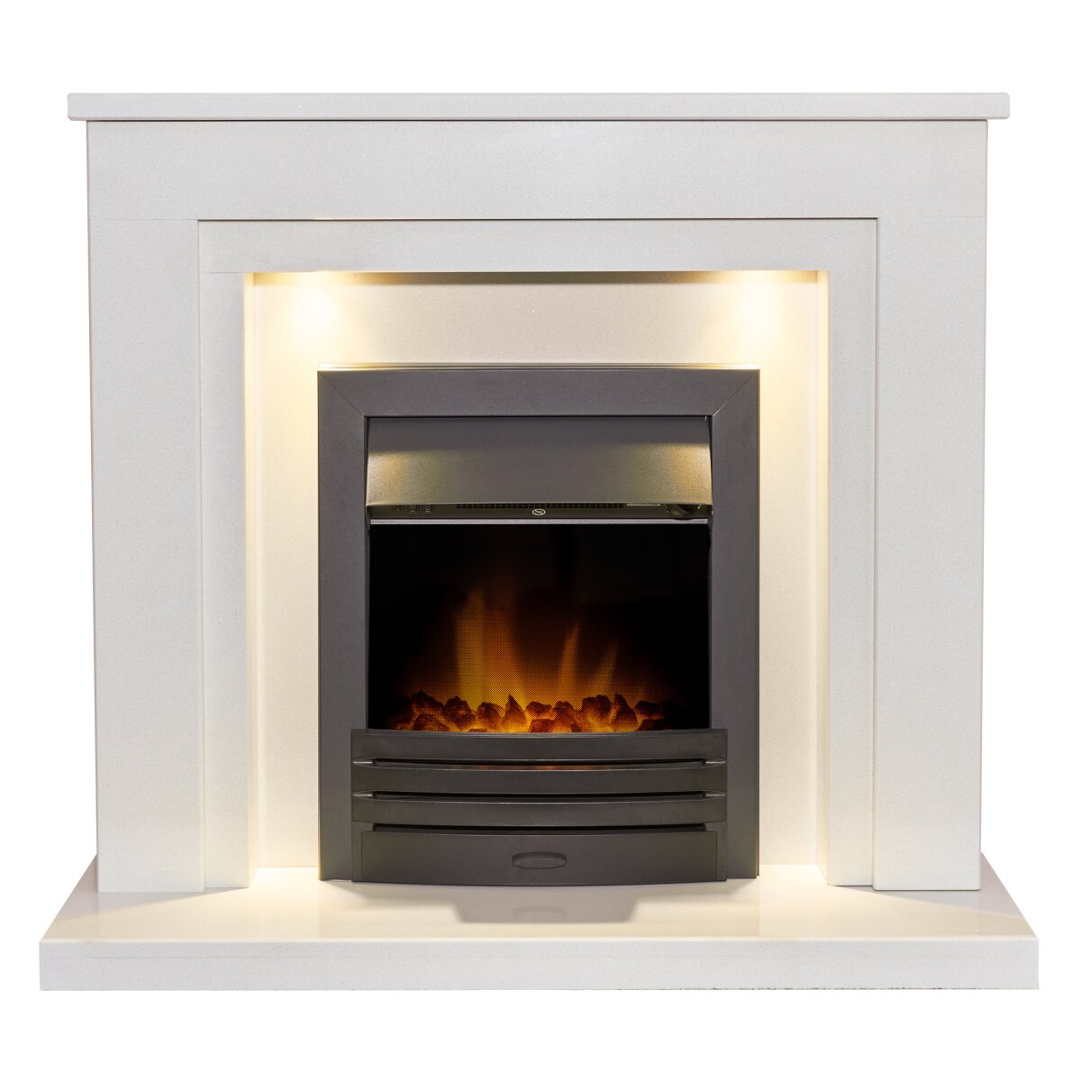 Acantha Dallas White Marble Fireplace with Downlights, With Eclipse electric fire in black