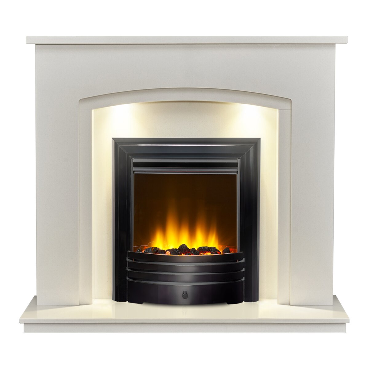 Acantha Granada White Marble Fireplace with Downlights, With Amara electric fire