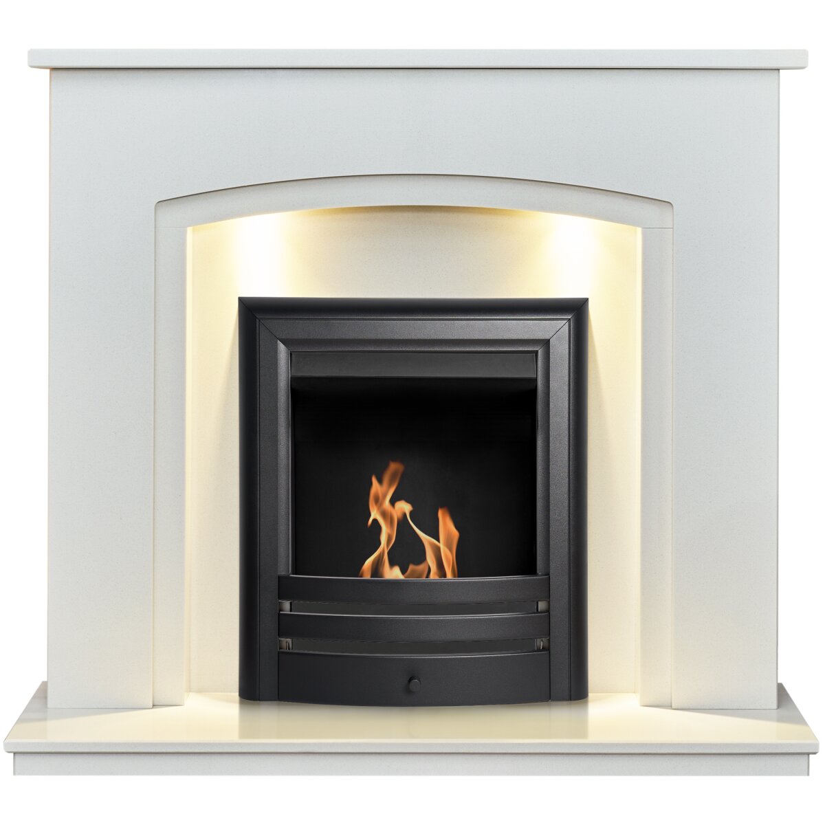 Acantha Granada White Marble Fireplace with Downlights, With Vela bioethanol fire in matte black