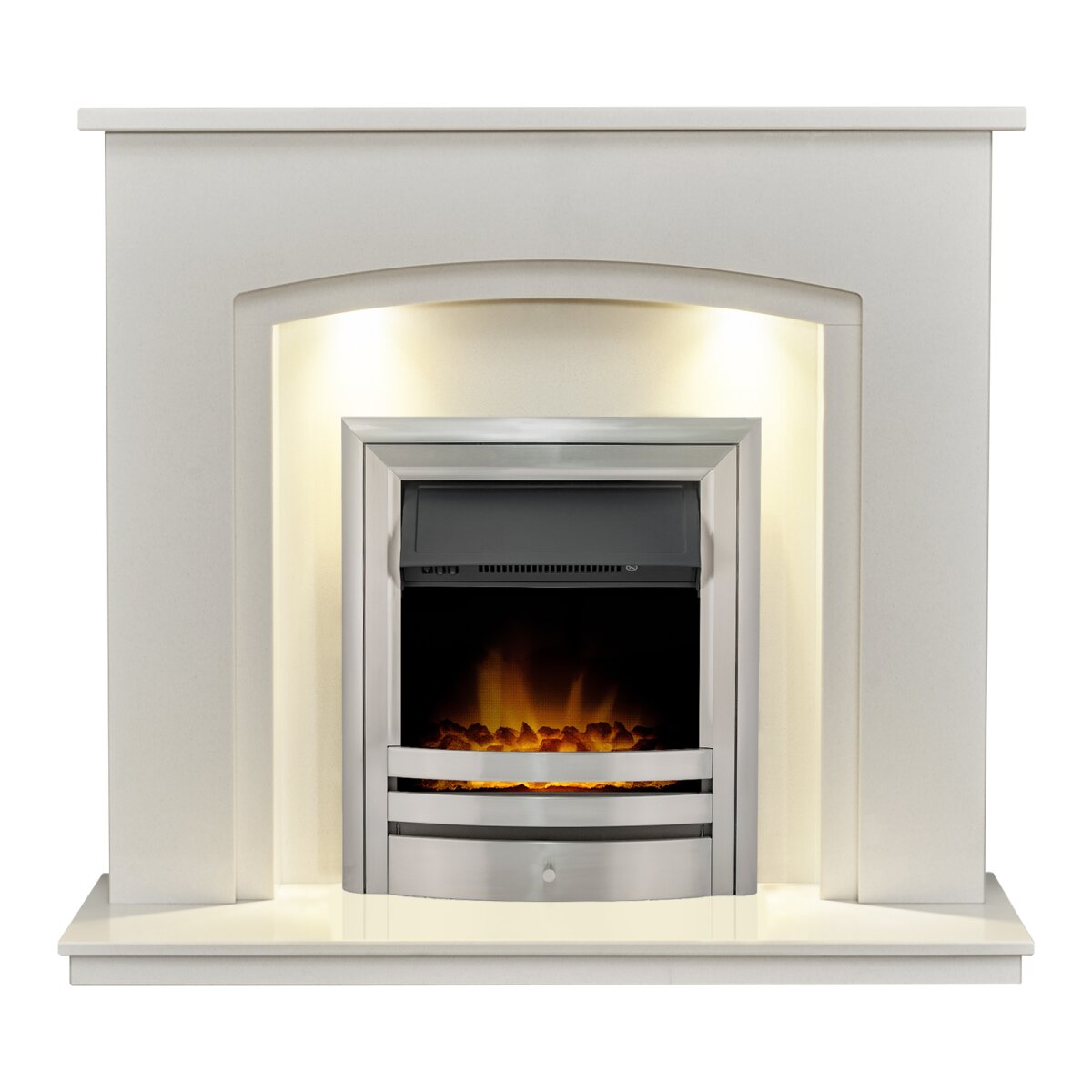 Acantha Granada White Marble Fireplace with Downlights, With Vela electric fire in brushed steel