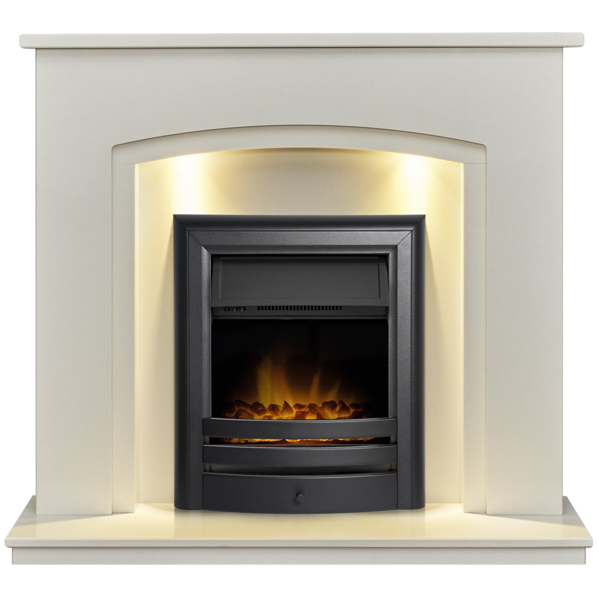 Acantha Granada White Marble Fireplace with Downlights, With Vela electric fire in matte black