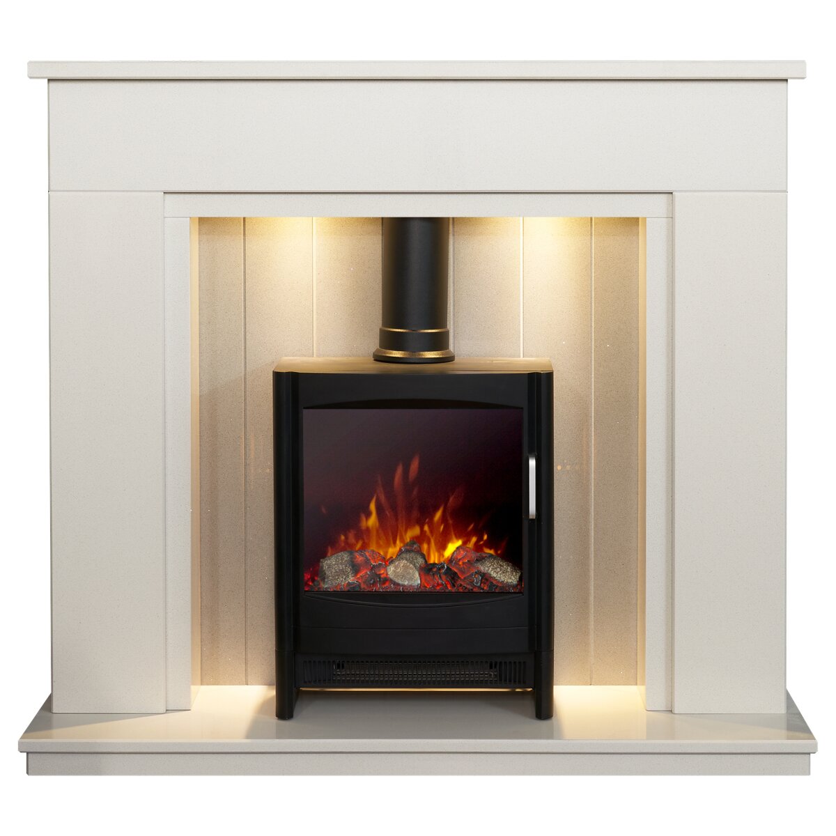 Acantha Larissa White and Grey Marble Stove Fireplace, With Keston electric stove in black