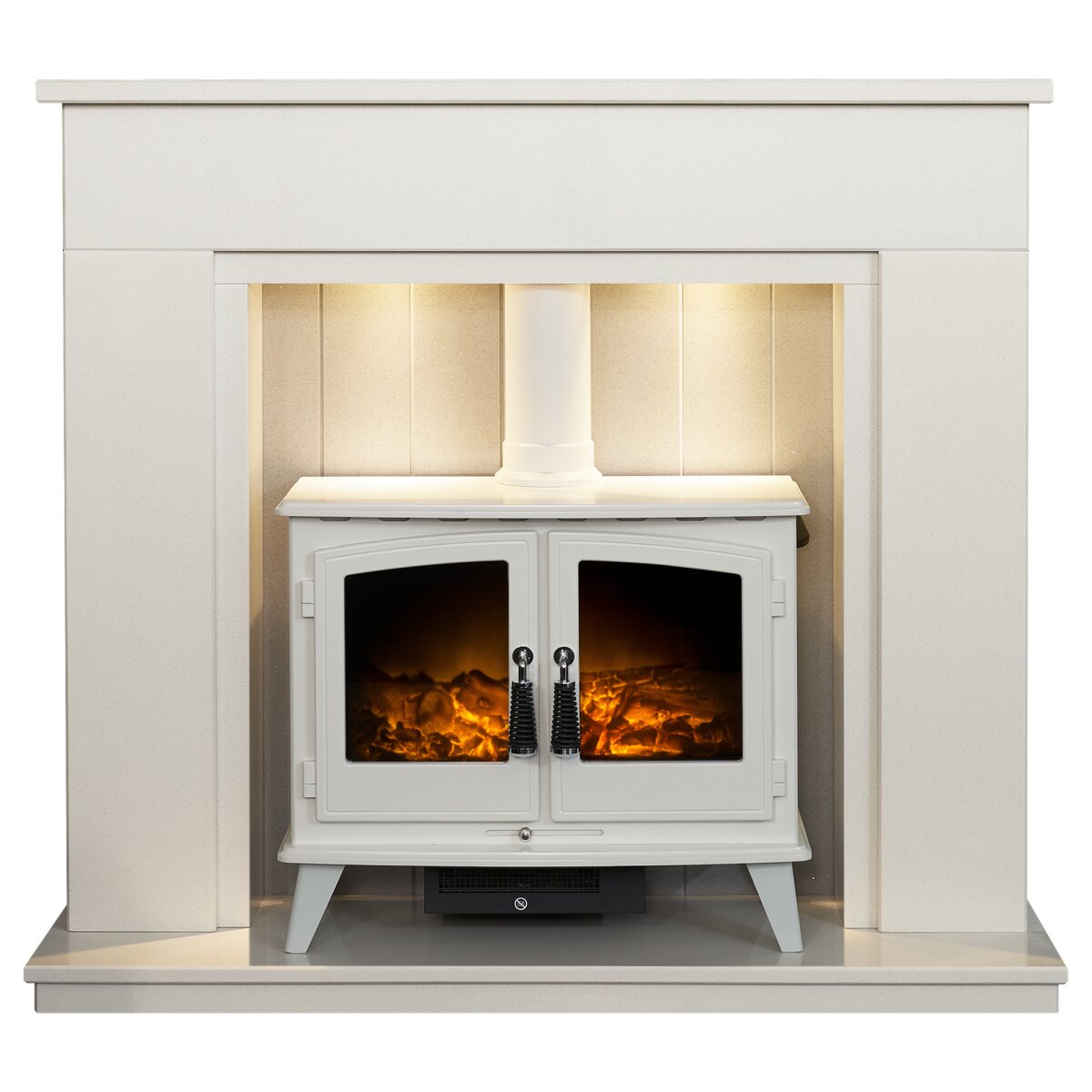 Acantha Larissa White and Grey Marble Stove Fireplace, With Woodhouse electric stove in white
