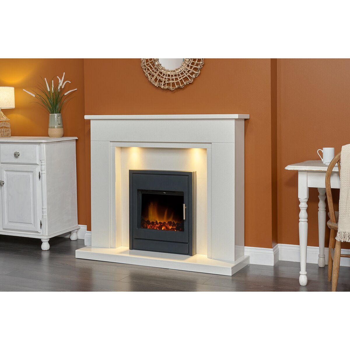Acantha Maine White and Grey Marble Fireplace with Downlights, 48 Inch, image 2
